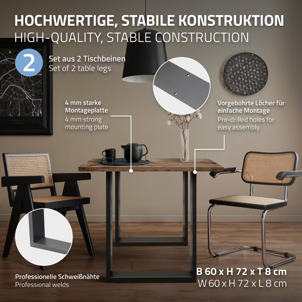 ECD Germany 2x Tischbeine aus Vierkantprofilen, 60 x 72 cm, Anthrazit, pulverbeschichtete Stahl, Industriedesign, Metall Tischkufen Tischuntergestell Tischgestell Möbelfüße, für Esstisch Schreibtisch