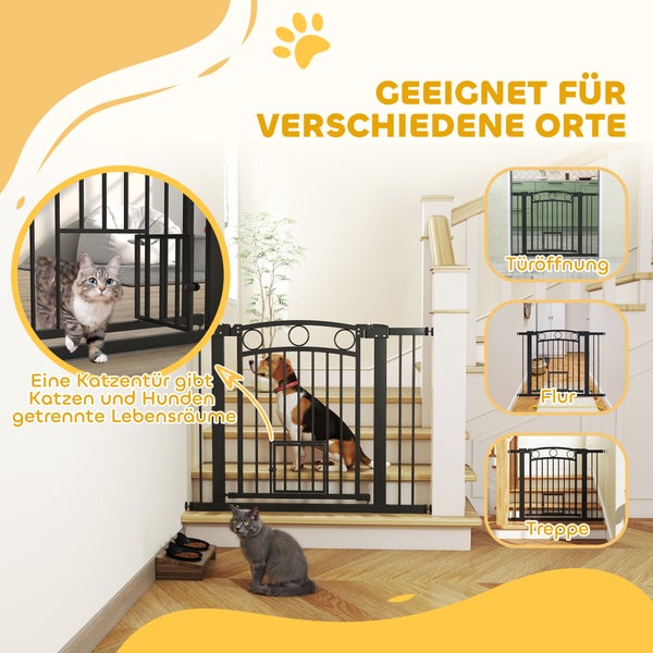 Sicherheitsgitter für Haustiere mit Katzenklappe an verschiedenen Orten wie Tür, Flur und Treppe.
