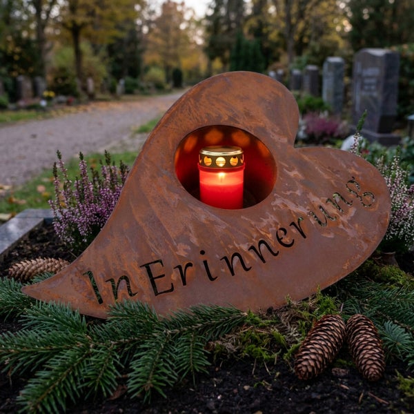 Grabherz aus Edelrost mit Inschrift In Erinnerung und integrierter Grabkerze auf einem Friedhofsgrab.