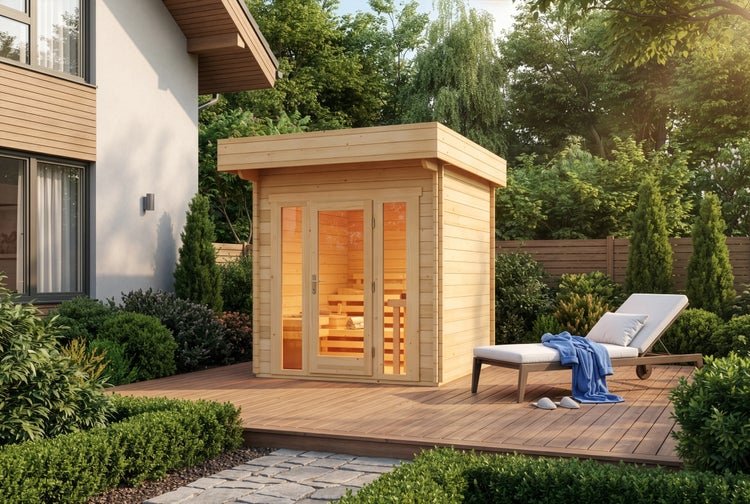 Gartensauna aus Holz mit Glasfront auf einer Holzterrasse neben einer Sonnenliege in einem gepflegten Garten.