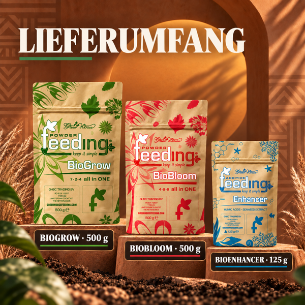 Set mit Greenhouse Feeding BioGrow 500 Gramm, BioBloom 500 Gramm und BioEnhancer 125 Gramm Pflanzendünger in Beuteln.
