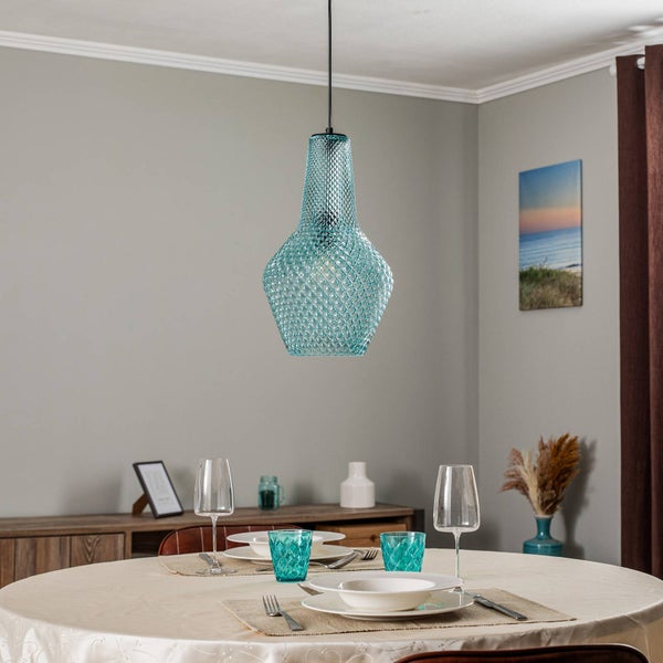 Lindby Pendelleuchte Drakar (Retro, Vintage Antik) in Blau aus Glas (1 flammig E27) - Hängelampe Esstischlampe Hängeleuchte Wohnzimmerleuchte