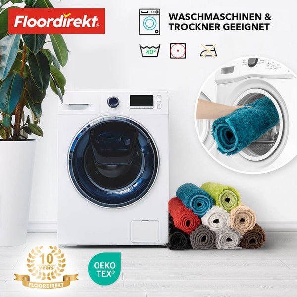 Waschbare Badematten vor Waschmaschine und Trockner mit FloorDirekt Logo