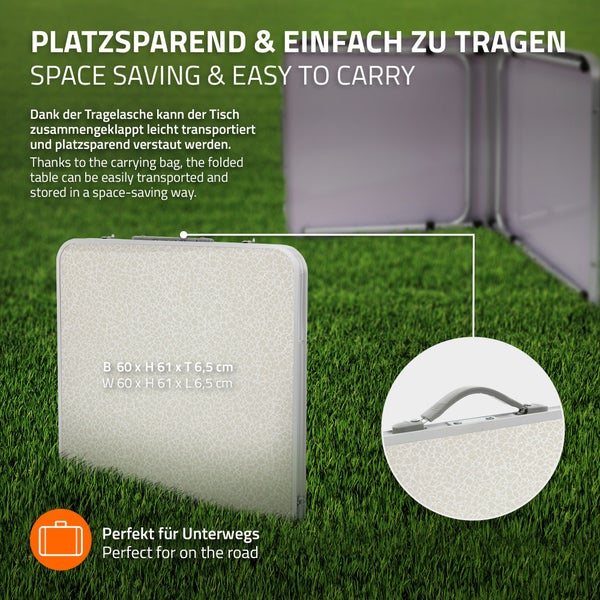 ECD Germany Campingtisch Klapptisch mit Tragegriff 120x60x55/63/70 cm Weiß Creme aus Aluminium und MDF - höhenverstellbar, klappbar - Falttisch Gartentisch Balkontisch Reisetisch Arbeitstisch Tisch