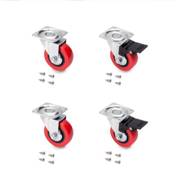Set aus 4 roten Lenkrollen mit Befestigungsschrauben, 2 mit Feststeller und 2 ohne Feststeller, aus Metall und Kunststoff.