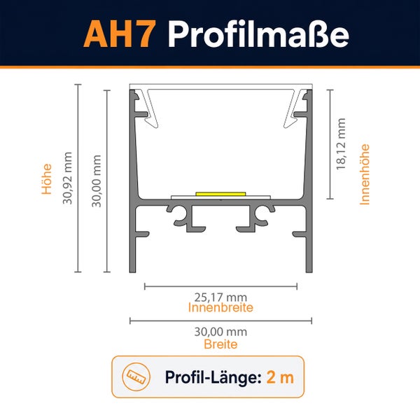 Technische Zeichnung mit Maßen für Aluminium LED Profil AH7 mit einer Länge von 2 Metern.