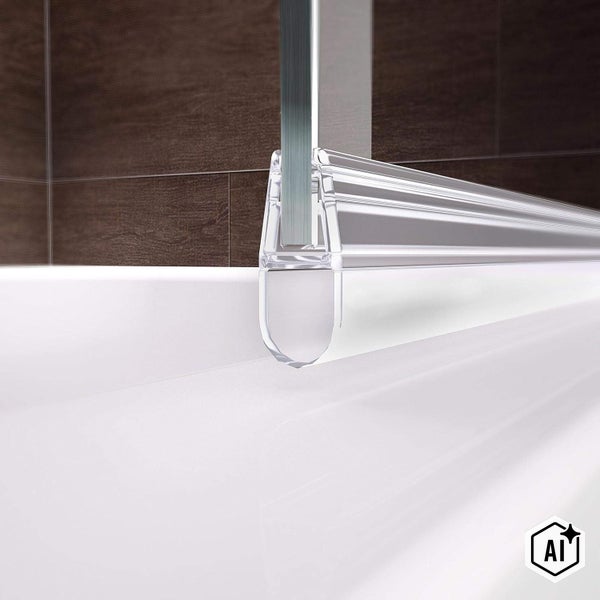 Transparente Duschdichtung als Wasserabweisprofil an einer Glasduschwand für Badewannen oder Duschtassen.
