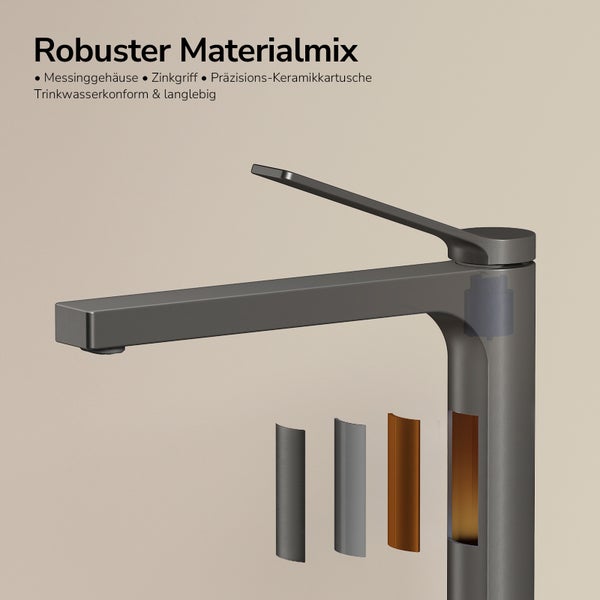 Waschtischarmatur mit Messinggehäuse, Zinkgriff und Keramikkartusche zur Veranschaulichung des Materialmixes.