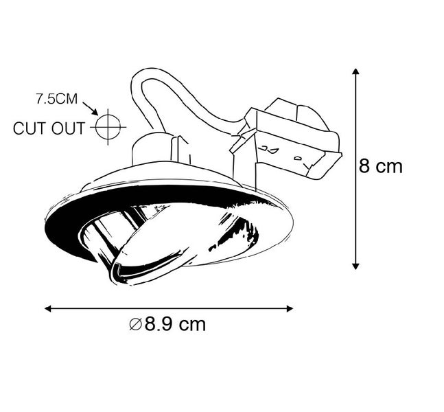 Technische Zeichnung eines Einbaustrahlers mit Maßen: Durchmesser 8,9 Zentimeter, Höhe 8 Zentimeter und Ausschnitt 7,5 Zentimeter.