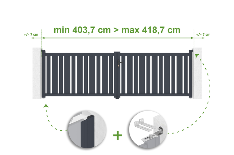 Illustration einer Gartentür mit Breitenangaben und Detailansichten der Montage.