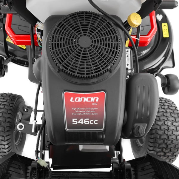 Loncin OHV Motor mit 546 Kubikzentimetern Hubraum, Ansicht der Motorabdeckung eines Aufsitzmähers.