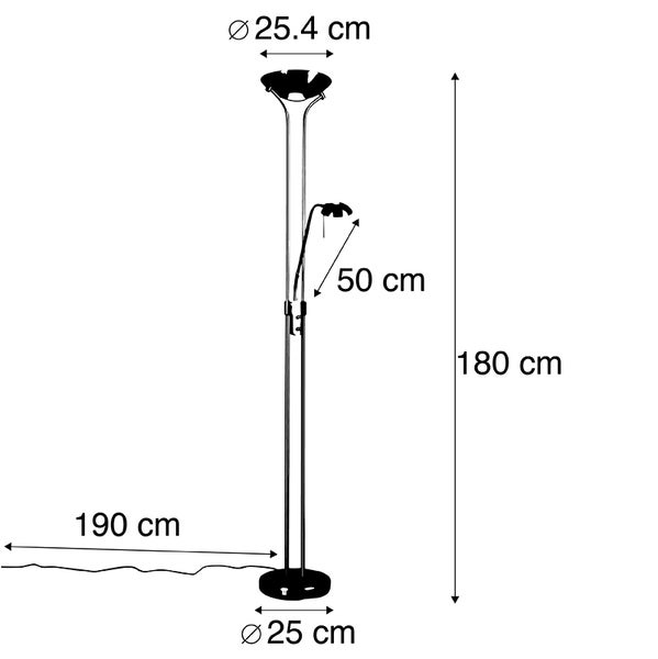 Technische Zeichnung einer Stehlampe mit Lesearm und den Maßen 180 cm Höhe, 25,4 cm Durchmesser des oberen Lampenschirms, 25 cm Durchmesser des Lampenfußes, 50 cm Länge des Lesearms und 190 cm Kabellänge.