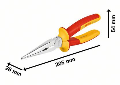 Bosch Professional Flachrundzange mit Abmessungen: Länge 205 Millimeter, Höhe 54 Millimeter, Breite 28 Millimeter.