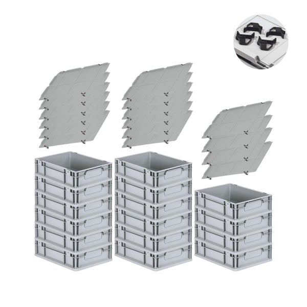 PROREGAL Spar Set 16x Eurobox Nextgen Economy Mit Auflagedeckel & 4x Schiebeschnappverschlüsse Schwarz Griffe Geschlossen HxBxT 12 x 30 x 40 cm