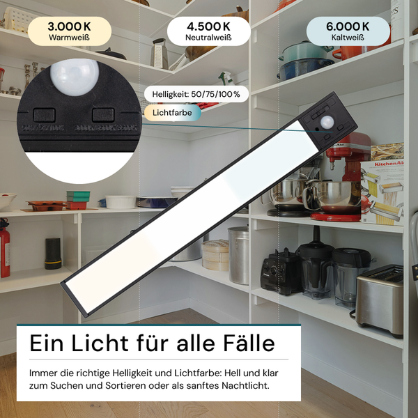 LED-Leuchte mit einstellbarer Helligkeit und Lichtfarbe im Regal