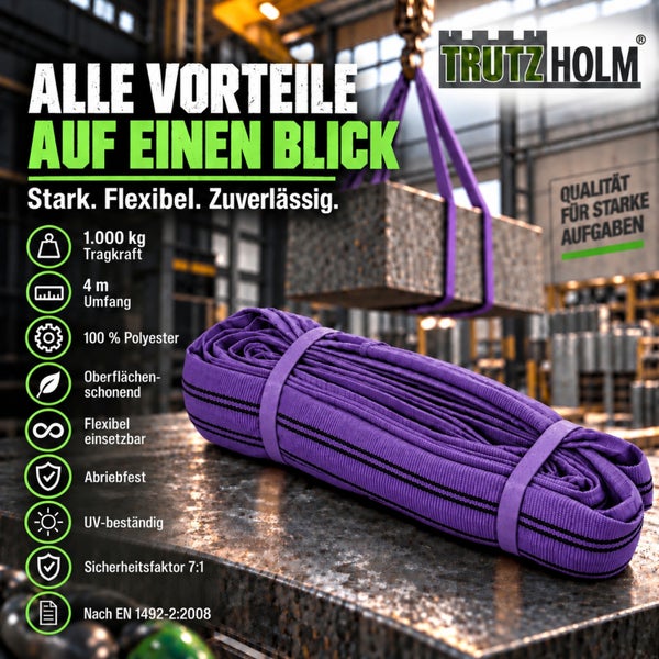 Hebeband von Trutzholm zum Heben schwerer Industrieteile in einer Werkstattumgebung mit Symbolen für Flexibilität und Oberflächenschonung
