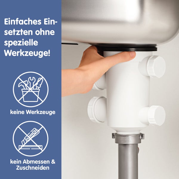 Montage eines weißen Siphons an einem Spülbecken ohne Werkzeug, Abmessen oder Zuschneiden.