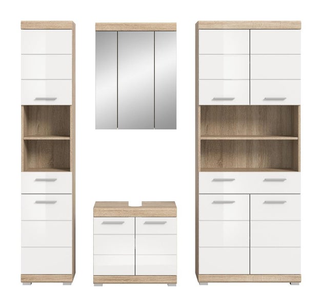 Modernes Badezimmermöbel Set in Weiß mit Holzoptik, bestehend aus Hochschrank, Waschbeckenunterschrank, Spiegelschrank und Highboard.
