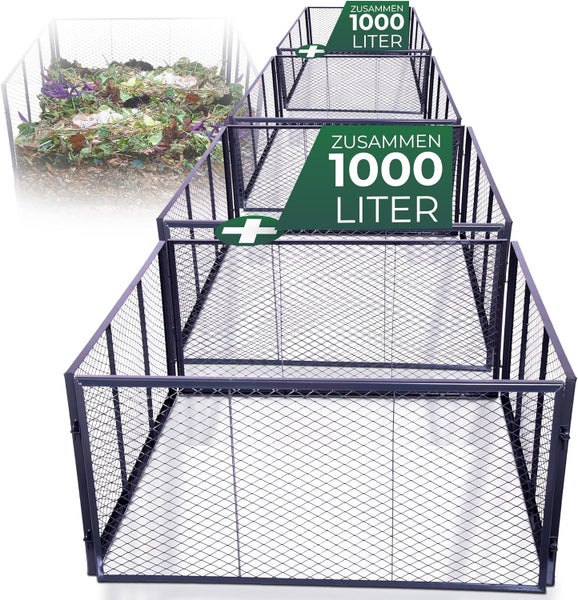 Drahtkomposter-Set aus Metall, zwei verbundene Elemente mit einem Gesamtfassungsvermögen von 1000 Liter.