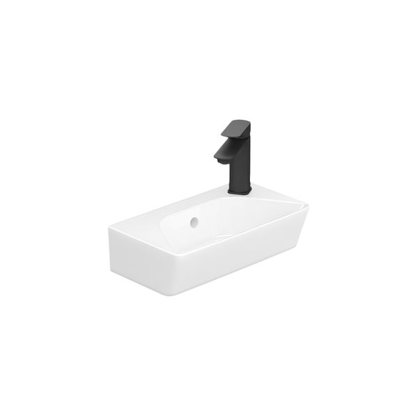 Weißes Handwaschbecken aus Keramik für das Gäste-WC mit einer schwarzen Armatur.