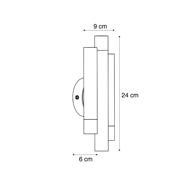 Technische Zeichnung einer Wandleuchte mit Maßangaben von 24 Zentimeter Höhe, 9 Zentimeter Breite und 6 Zentimeter Tiefe.