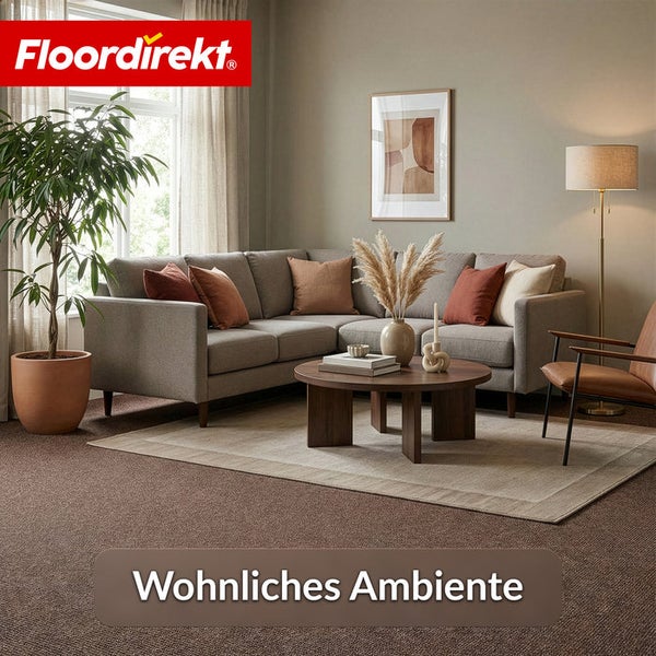 Wohnzimmer mit Sofa, Teppich, Tisch und Zimmerpflanze