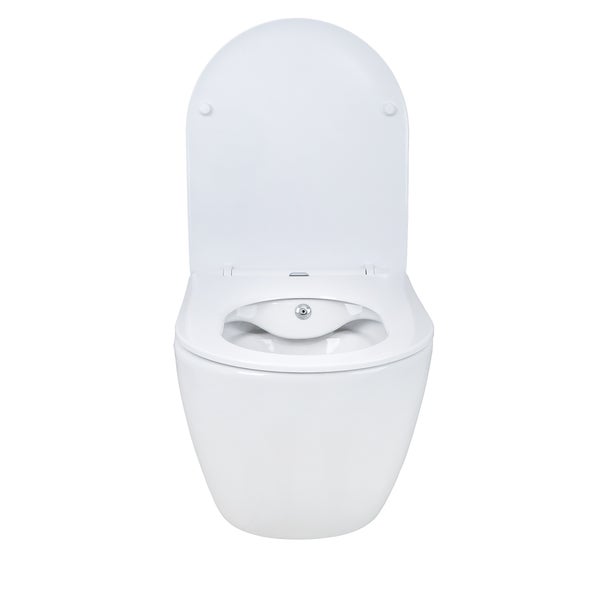 Wand-Dusch-WC mit geöffnetem Deckel und integrierter Reinigungsdüse in spülrandlosem Keramikbecken.