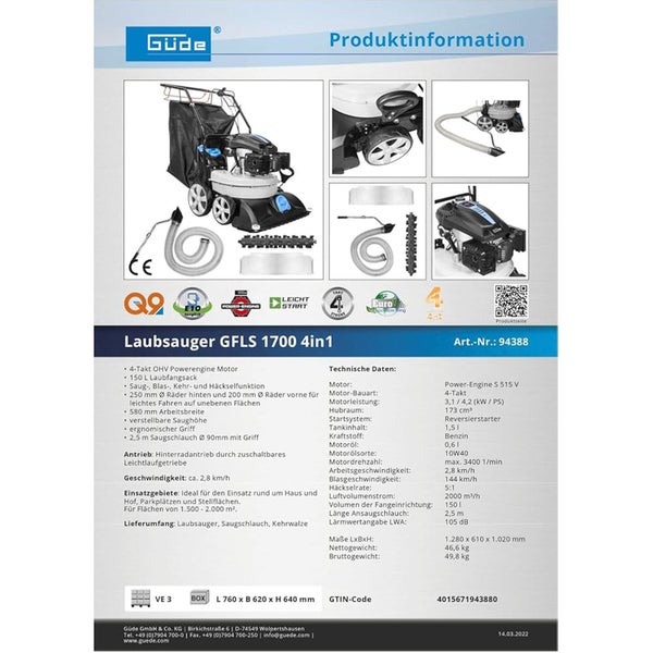 Güde Laubsauger GFLS 1700 4in1 mit 4-Takt Powerengine Motor und 150 Liter Fangsack