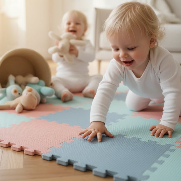 Zwei Kleinkinder spielen auf einer quadratischen Puzzlematte aus Schaumstoff mit Spielzeug in einem hellen, freundlichen Wohnraum.