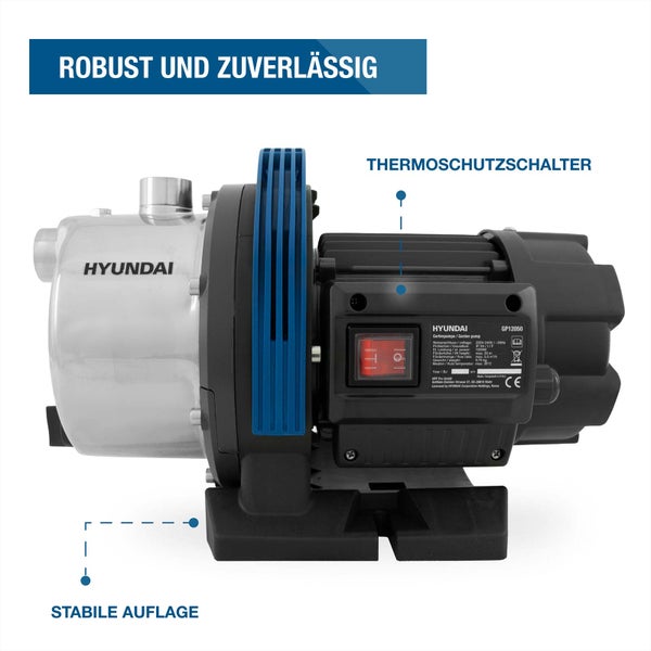 Robuste Hyundai Gartenpumpe aus Edelstahl mit Thermoschutzschalter und stabilem Standfuß. Hyundai Logo und Zeichen für Europäische Konformität.