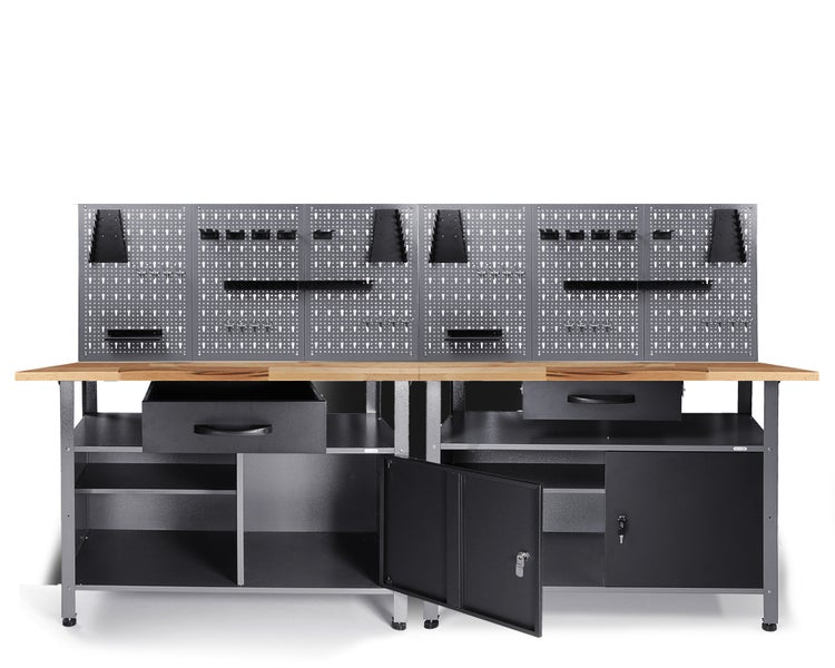 Werkbank mit Lochwand, Schubladen und Schrank