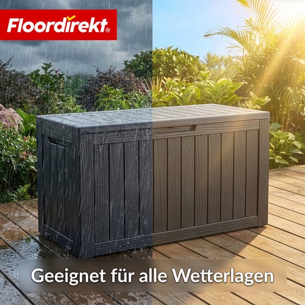 Wetterfeste Aufbewahrungsbox für den Außenbereich auf einer Holzterrasse. Marke Floordirekt Logo.
