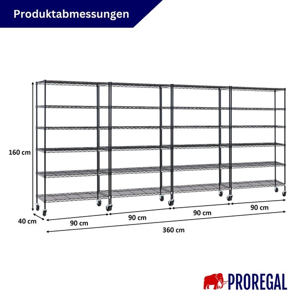 ProRegal Regal Abmessungen: Höhe 160 Zentimeter, Tiefe 40 Zentimeter, Gesamtbreite 360 Zentimeter (vier Module zu je 90 Zentimeter). ProRegal Logo.