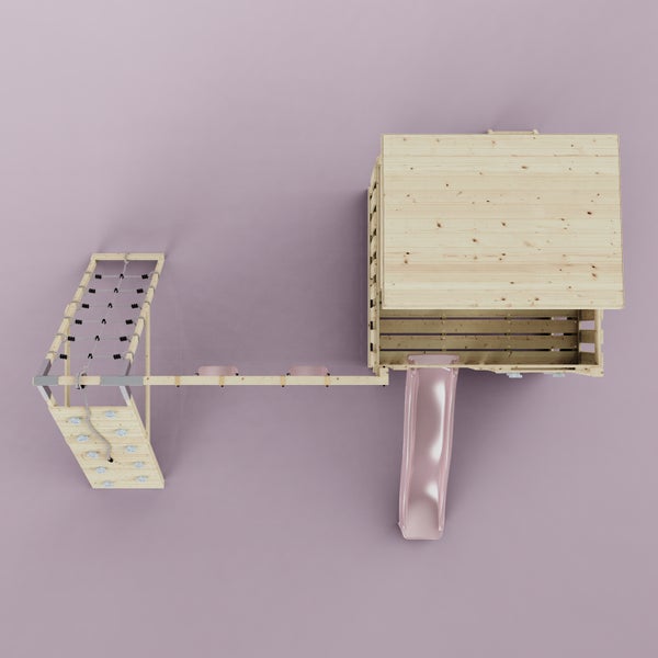 Spielturm aus Holz in der Draufsicht mit Spielhaus, rosa Rutsche, Kletterwand, Kletternetz und Schaukelbalken.