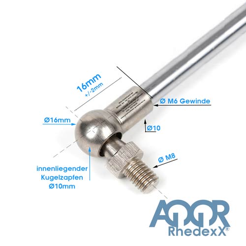 Metall-Winkelgelenk für Gasdruckfeder mit 16 Millimeter Kugelkopf, 10 Millimeter Kugelzapfen, M6 Gewinde und M8 Gewinde. AGQR Rhedexx Logo.