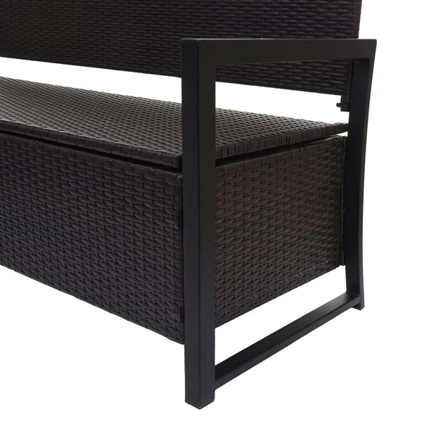 Gartenbank aus Polyrattan mit integrierter Sitztruhe und Metallrahmen.