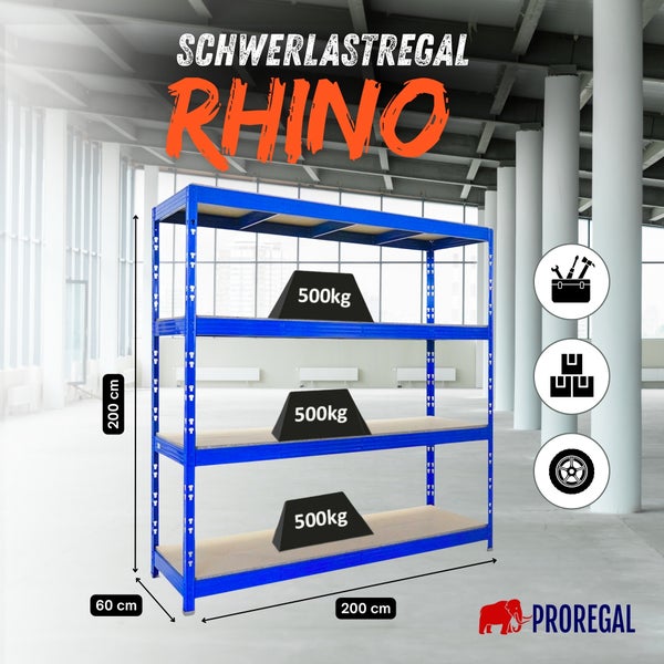 Schwerlastregal Rhino, blaues Metall, lichte Halle. 200 Zentimeter hoch und breit, 60 tief. Traglast 500 Kilogramm. Für Werkzeug und Reifen. Proregal Logo.