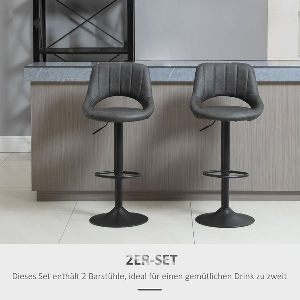 HOMCOM Barhocker-Set, 2 Hocker, Küchenhocker, Lederoptik, drehbar, höhenverstellbar, mit Fußstütze, modernes Design, Metallrahmen, 44 x 49 x 90-110 cm, Grau