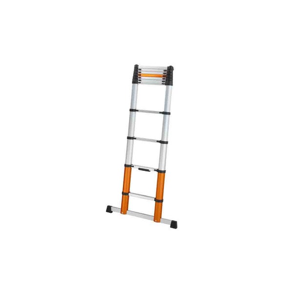 Ausziehbare Teleskopleiter aus Aluminium mit schwarzen und orangefarbenen Elementen.