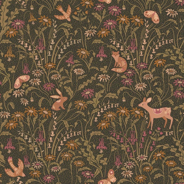 Tapete mit Waldmotiven wie Rehen, Füchsen, Hasen, Vögeln und verschiedenen Blumen in einem illustrativen Stil.