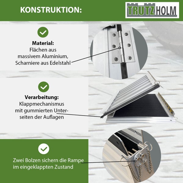 Konstruktionsdetails einer TrutzHolm Rampe mit Flächen aus Aluminium, Edelstahlscharnieren, Klappmechanismus und Bolzen zur Sicherung