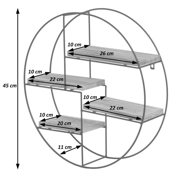 Rundes Wandregal mit vier Ablageflächen und Maßangaben, Höhe 45 cm