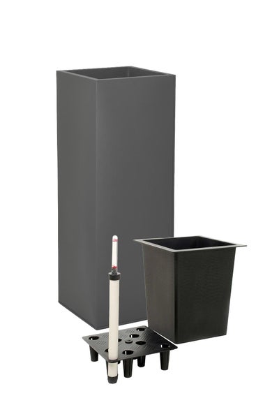 Hoher, quadratischer Pflanzkübel in Anthrazit mit Bewässerungssystem, inklusive Innentopf, Wasserstandsanzeiger und Trennboden.