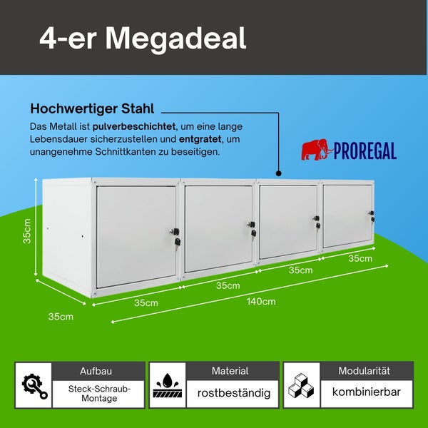 Proregal Logo. 4er Set abschließbare Metallboxen, pulverbeschichteter Stahl, rostbeständig, kombinierbar, Gesamtbreite 140 Zentimeter.