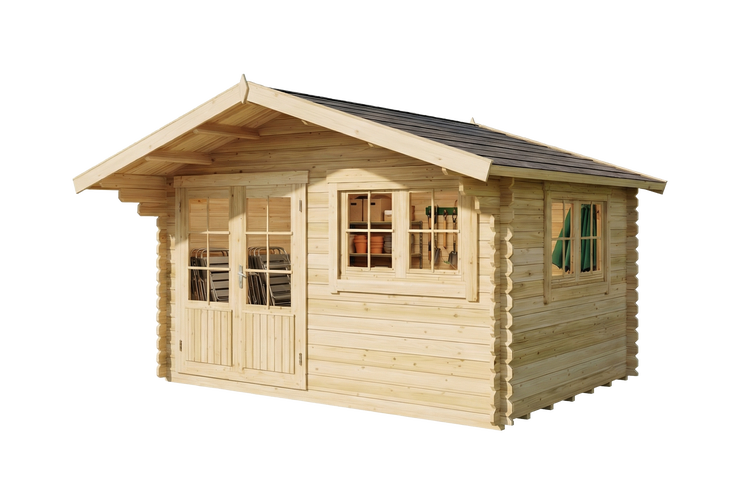 Gartenhaus aus Holz mit Fenstern und Doppeltür