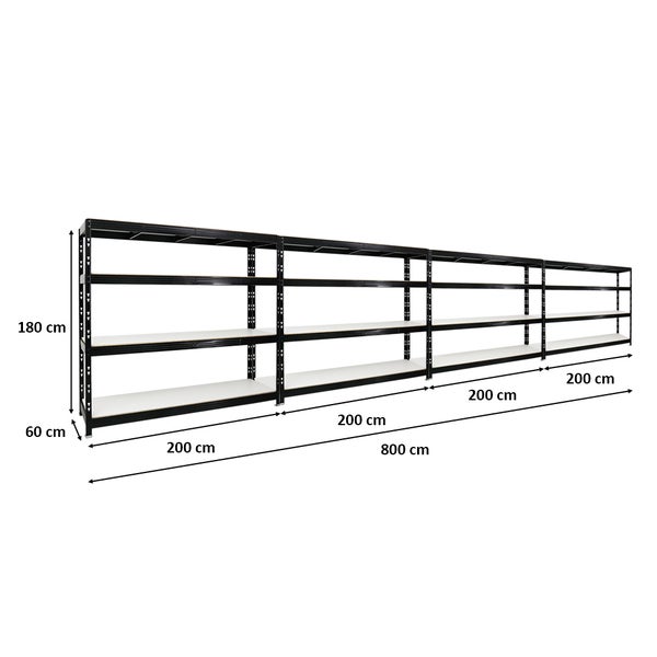 PROREGAL Mega Deal 4x Profi Schwerlastregal Rhino HxBxT 180 x 200 x 60 cm 4 Melamin-Ebenen 16mm Fachlast 500 kg Schwarz