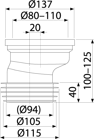 Technische Zeichnung eines WC-Anschlussstutzens mit verschiedenen Maßangaben für Durchmesser und Länge.