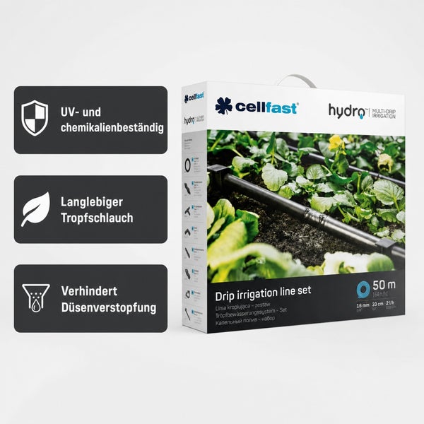 Cellfast Tropfbewässerungsset 50 Meter zur effizienten Gartenbewässerung mit langlebigem Schlauch uv- und chemikalienbeständig
