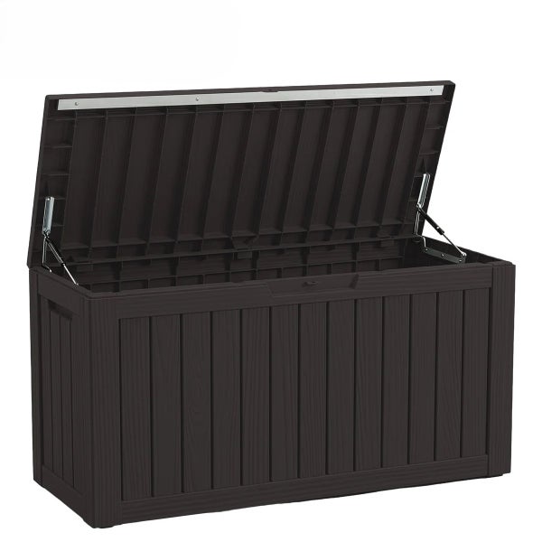 Geöffnete Aufbewahrungsbox für den Außenbereich mit Holzoptik