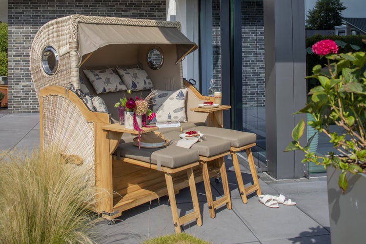Strandkorb Westerland XXL Teak Bullauge PE shell Dessin 506